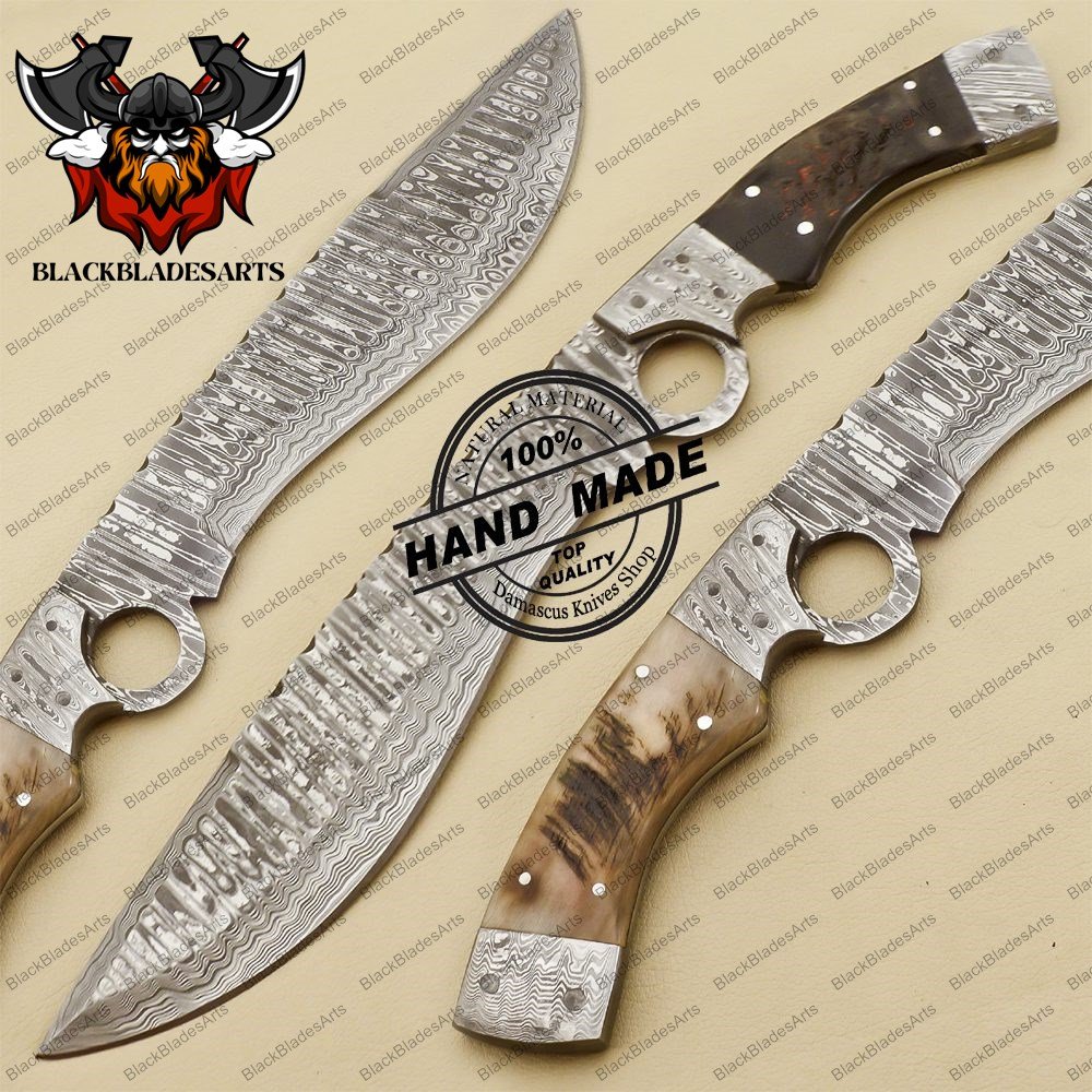 Damascus Finger Bowie Knife Custom Handmade Damascus Steel Hunting Knife With Ram Horn Handle Sheath