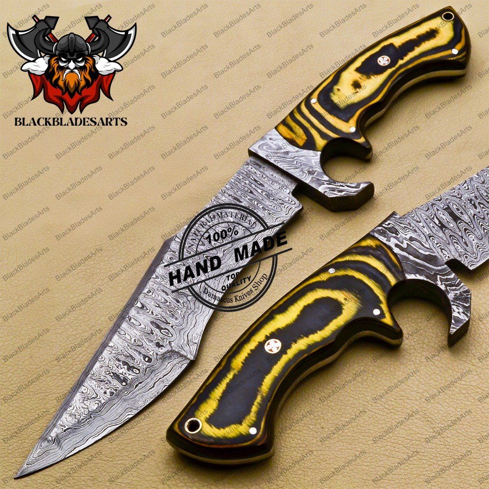 Damascus Bowie Knife Custom Handmade Damascus Steel Knife With Corain+Pakka Wood Handle Sheaths