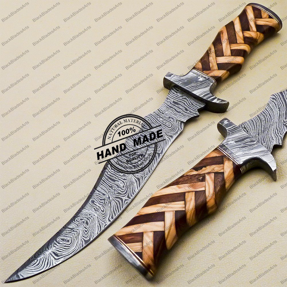 Damascus Bowie Knife Custom Handmade Damascus Steel Hunting Damascus Bowie Knife With Rose and olive