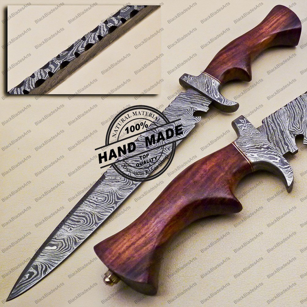 Hand Forged Damascus Bowie Knife Custom Handmade Damascus Steel Hunting Knife With Rose Wood Handle
