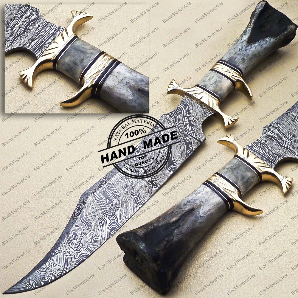Professional Damascus Bowie Knife Custom Handmade Damascus Steel Hunting Knife + Colored Bone Handle