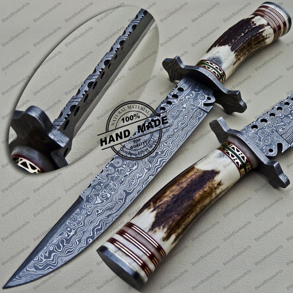 Damascus Bowie Knife Custom Handmade Damascus Steel Hunting Damascus Bowie Knife With Stag Handle
