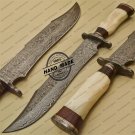 Damascus Bowie Knife Custom Handmade Damascus Steel Hunting Knife With Bone Rose Wood Handle Sheaths