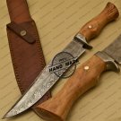 Damascus Bowie Knife Custom Handmade Damascus Steel Hunting Knife + Cow Wood Handle Leather Sheaths