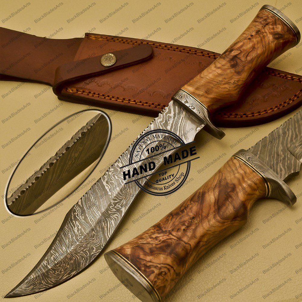Damascus Bowie Knife Custom Handmade Damascus Steel Hunting Knife Cow Wood Handle Leather Sheaths