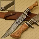 Damascus Bowie Knife Custom Handmade Damascus Steel Knife With Cow Wood Handle Leather Sheath