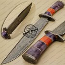 Damascus Bowie Knife Custom Handmade Damascus Steel Hunting Knife Colored Camel Bone Handle Sheaths