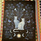 Blue Cat Tapestry with Moon, Sun, Moth and Flowers