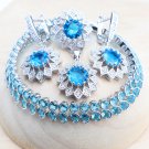4PCS-Light Blue_Wedding Silver 925 Jewelry Sets Bracelets Rings Earrings Pendant Purple Cubic Zircon