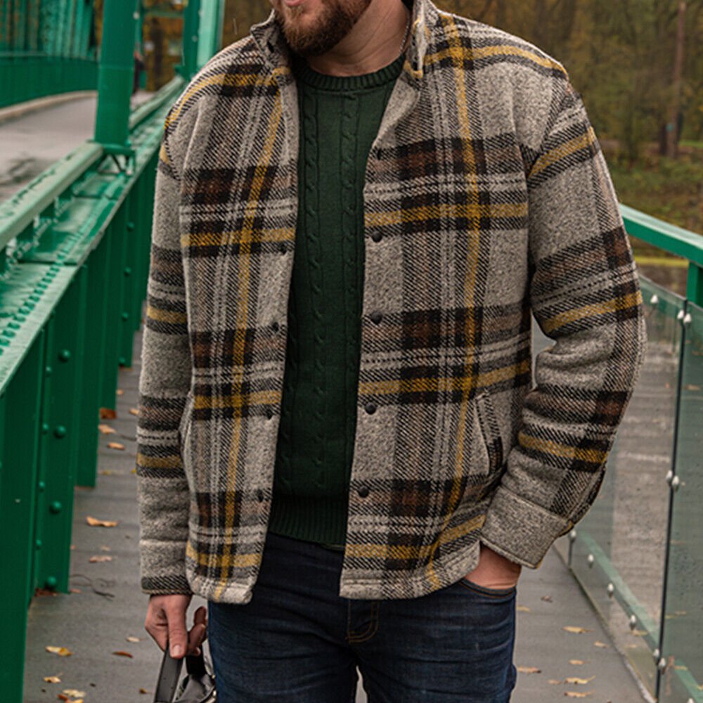 Warm men's sheep wool plaid jacket. Business comfortable warm jacket. Wool plaid