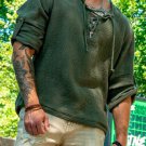 Men's natural muslin shirt for summer in green military color. Boho style.