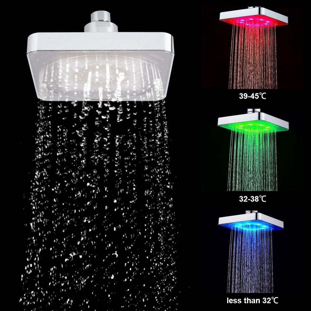 6 Inch Square Rain Shower Head LED Light 3 Color Chan g Bathroom Sprinkler