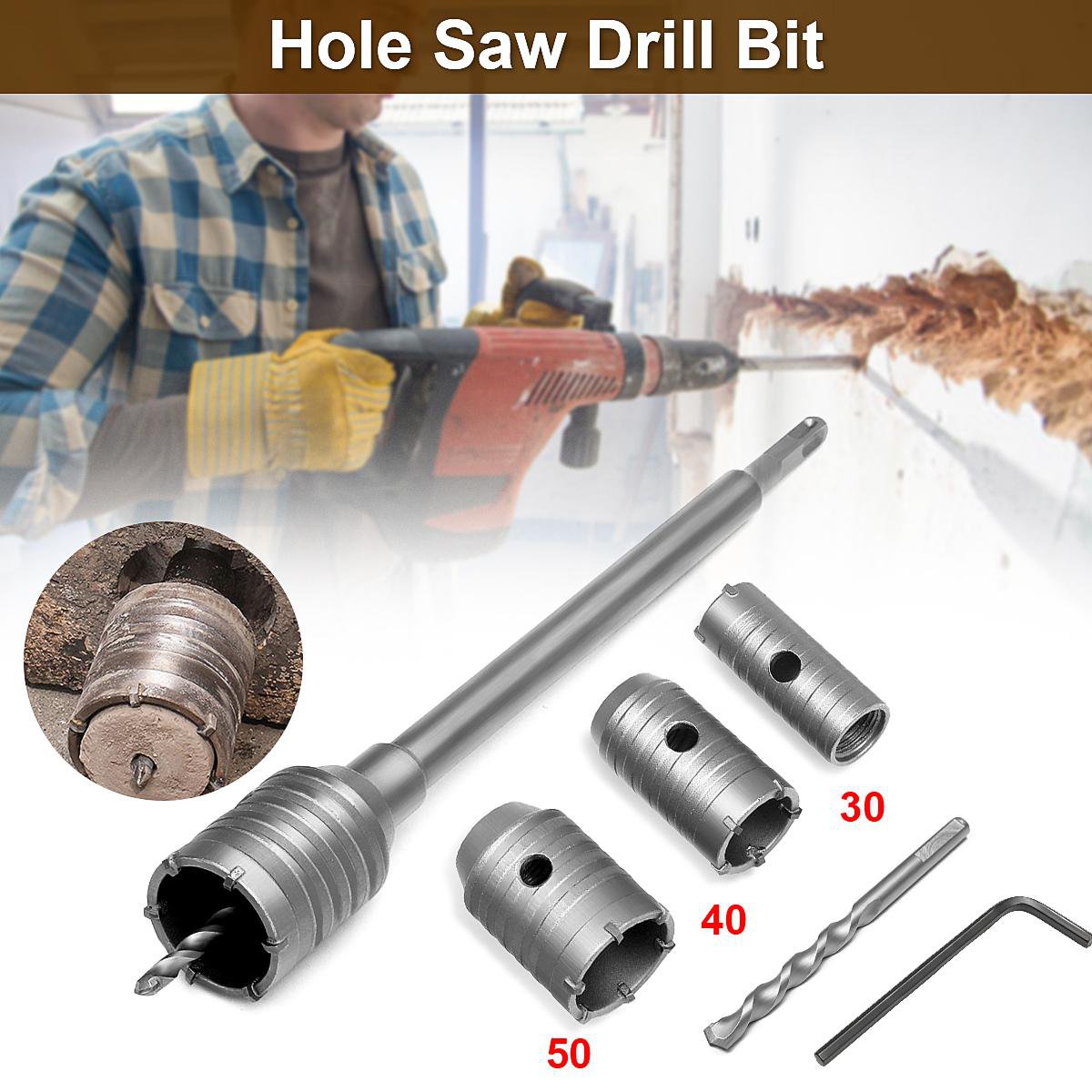 30 40 50mm Drill Bit Hole Saw SDS Set+ Shaft Cutter For Impact Wall
