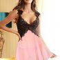 V Neck Pink Lace Stitching Strap with Flower Babydoll