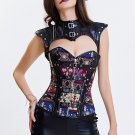 Jacquard Buckle-up Zipper Steampunk Faux Leather Corset with Cap Sleeve Shrug