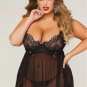 Plus Size Sheer Floral Eyelash Trim Lace Babydoll Set