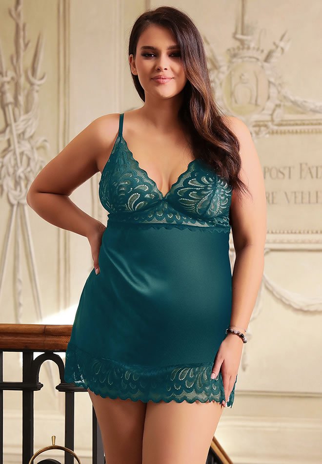 Plus Size Green Lace Floral Back Closure Sexy Babydoll