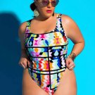 Plus Size Colorful Geometric Print High Cut One Piece Swimsuit
