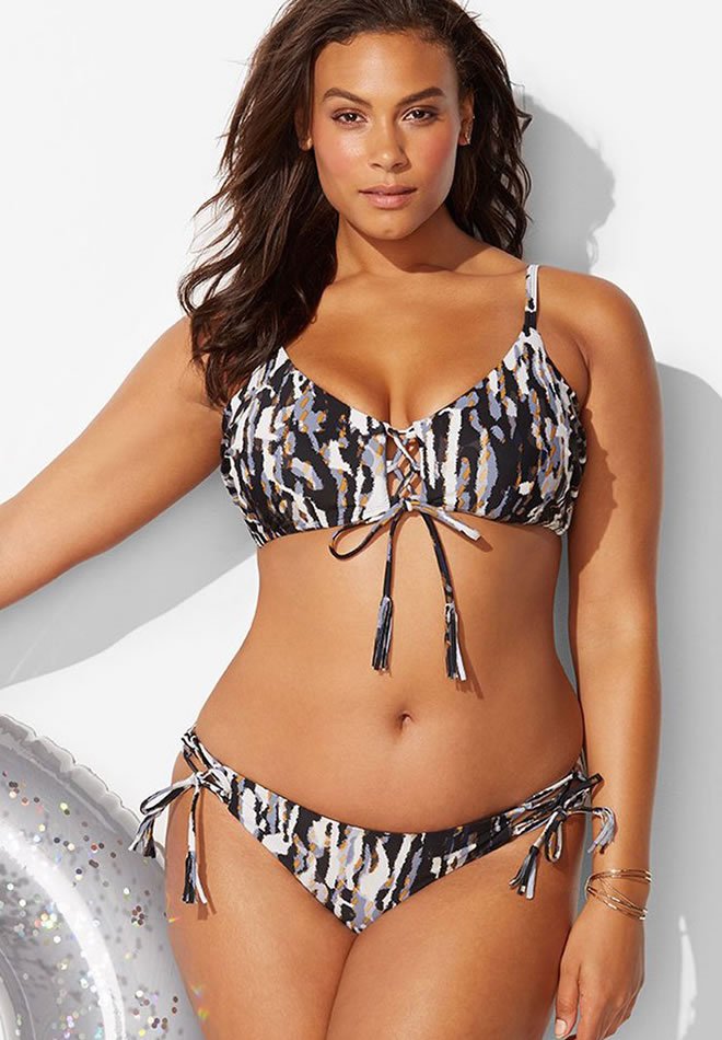 Plus Size Abstract Printed Lace Up Tie Side Bikini Swimsuit