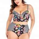 Plus Size Striped And Flower Underwire Two Piece Swimsuit