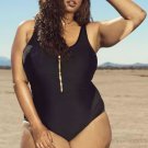 Plus Size Mesh Side Zipper Front One Piece Swimsuit
