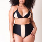 Plus Size Contrast Stripe Slide Triangle High Waist Bikini Swimsuit