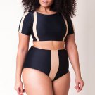 Plus Size Contrast Stripe Sleeved Crop High Waist Bikini Swimsuit