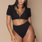Plus Size Mesh Sleeved High Waist High Leg Crop Bikini Swimsuit