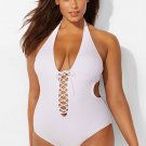 Plus Size Lace Up Halter Low Back Monokini One Piece Swimsuit