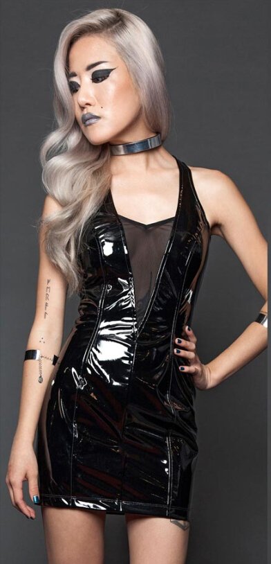 Vinyl Classics Plunge Shiny Black Dress
