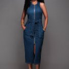 Front Zip Sleeveless Denim Dress