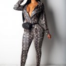 Women's Snakeskin Printing Long Sleeve Zip up Jacket And Bodycon Long Pants