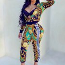 Fashion Print Long Sleeve Zip up Jacket And Bodycon Long Pants