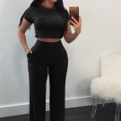 Women's 2 Piece Short Sleeve Crop Top and Long Pants Set