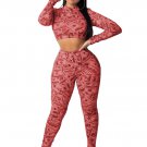 Printing Long Sleeve Crop Top and Bodycon Long Pant Set