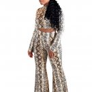 Fashion Women's Printing Long Sleeve Crop Top and Wide Leg Long Pant Set