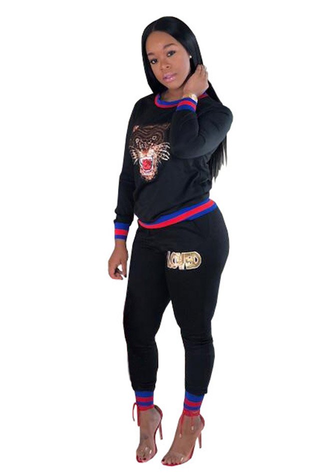 Long Sleeve Sequin Tiger Print Top + High Waist Bodycon Long Pants