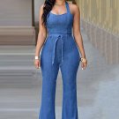 Halter Denim Lace-Up Jumpsuit