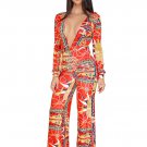 Printing Long Sleeve V-neck Wide Leg Jumpsuit Romper