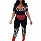 Short Sleeve Zipper Grid Mock Neck Bodycon Jumpsuit Romper