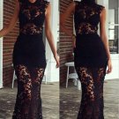 Fabulous Black Sleeveless Lace Mesh Crew Neck Floral Lace Skinny Maxi Dresses