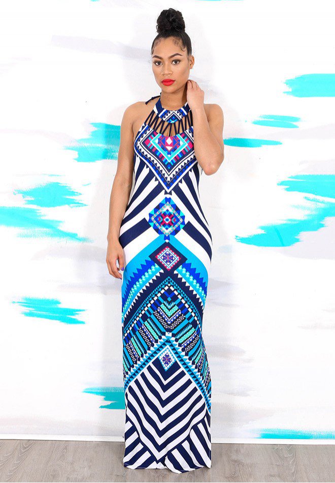 Tribal Print Halter Backless Slit Sexy Maxi Dress