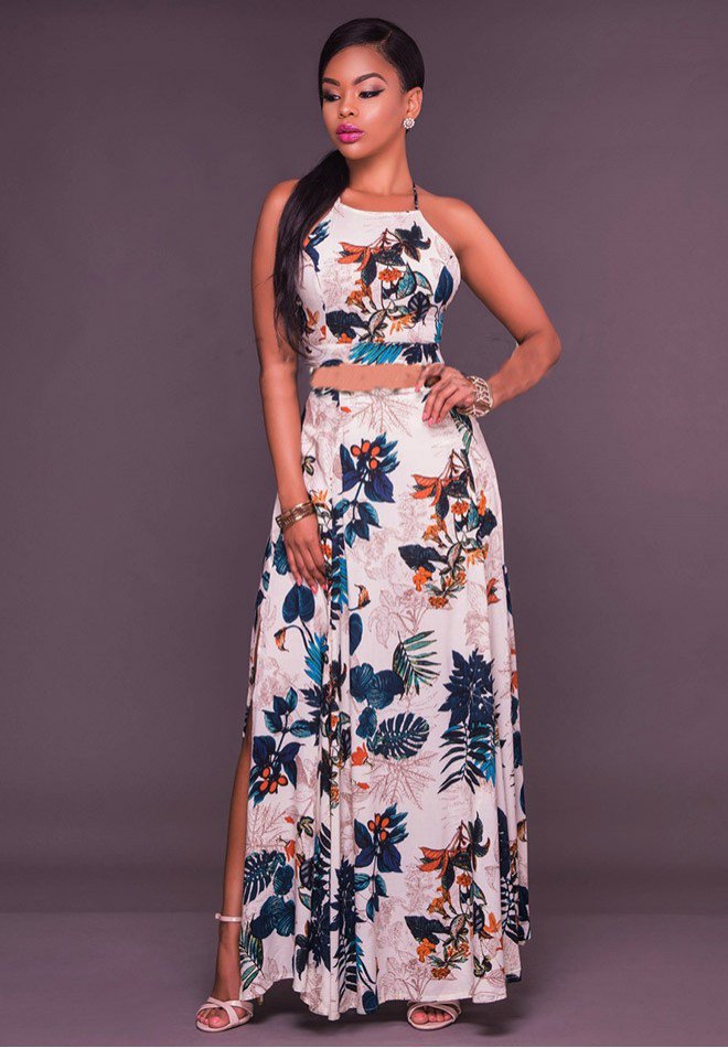 Flowers Print Cross Back Side Slit Maxi Dress