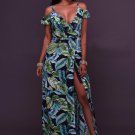 Leaf Print Ruffle Maxi Dress