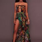 Printed High Slit Legs Bodysuit Maxi Dress