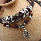 Retro Beads Rope PU Leather Bracelet With Alloy Leaf Pendant