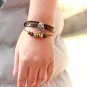Silver Skull Braided Charm Wood Beads PU Leather Bracelet