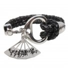 Unisex Folding Fan Shaped Pendant Fashion Black Braided Leather