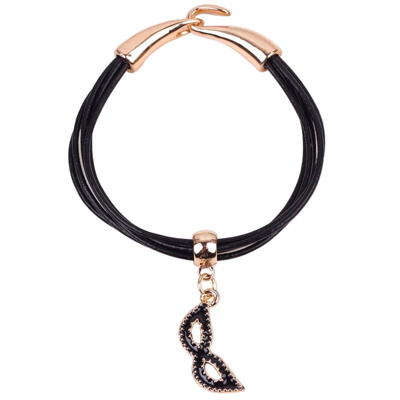 Black Mask Pendant Adjustable Leather Bracelet With Golden Alloy