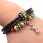 Wooden Beads Handmade Braided Leather Bracelet With Alloy Key Pendant